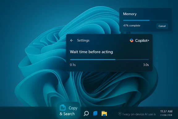 Blue abstract Windows-style desktop with Copilot+ settings and memory progress dialogs. Blue abstract Windows-style desktop with Copilot+ settings and memory progress dialogs.
