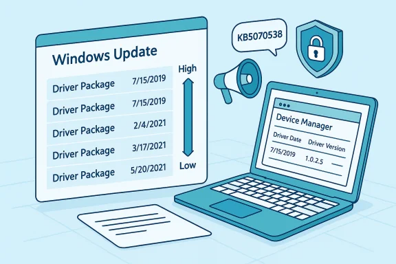 Windows Update panel lists multiple driver packages while a laptop displays Device Manager.