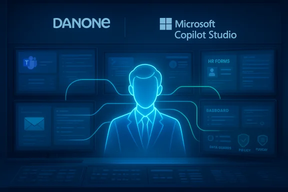 Neon holographic executive before digital dashboards branded Danone and Microsoft Copilot Studio. Neon holographic executive before digital dashboards branded Danone and Microsoft Copilot Studio.