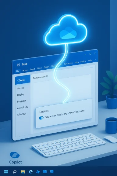 Blue neon cloud arcs to a Windows screen displaying a Save dialog. Blue neon cloud arcs to a Windows screen displaying a Save dialog.