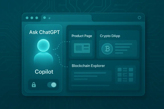 Teal UI dashboard featuring Copilot avatar with Ask ChatGPT, Product Page, Crypto DApp, and Blockchain Explorer.
