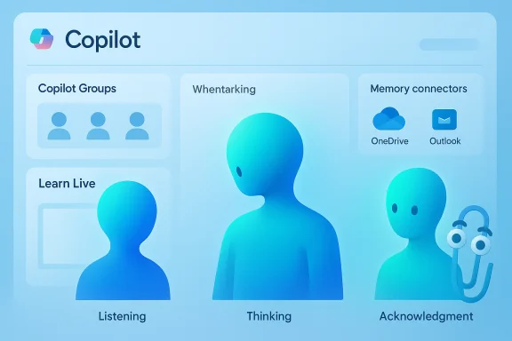 A Copilot dashboard showing groups, memory tools, and large figures labeled Listening, Thinking, and Acknowledgment. A Copilot dashboard showing groups, memory tools, and large figures labeled Listening, Thinking, and Acknowledgment.