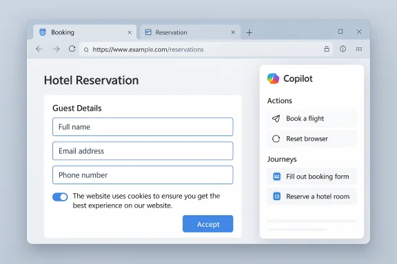 Hotel reservation page featuring a guest details form and a Copilot assistant panel. Hotel reservation page featuring a guest details form and a Copilot assistant panel.