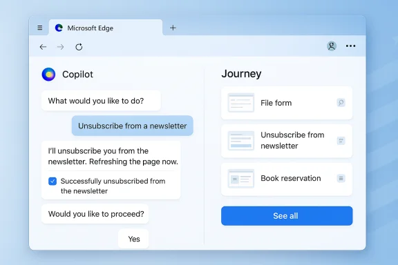 Microsoft Edge interface with Copilot chat on the left and Journey options on the right. Microsoft Edge interface with Copilot chat on the left and Journey options on the right.