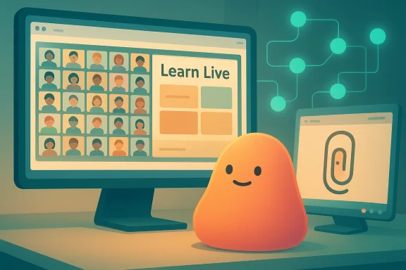 A smiling orange blob sits between two monitors, one showing a “Learn Live” classroom with avatars.