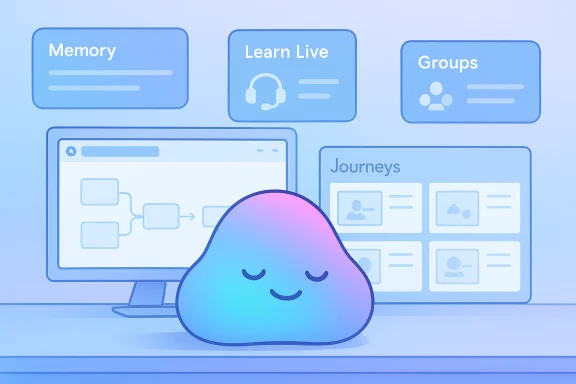 A cute gradient cloud sits in front of a computer and dashboards labeled Memory, Learn Live, Groups, Journeys. A cute gradient cloud sits in front of a computer and dashboards labeled Memory, Learn Live, Groups, Journeys.