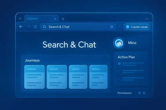 Futuristic blue UI mockup for a Search & Chat app with journeys cards and an action plan.
