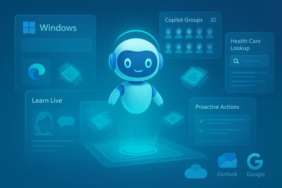 A friendly blue AI assistant floats over a holographic dashboard of Windows and cloud tools. A friendly blue AI assistant floats over a holographic dashboard of Windows and cloud tools.