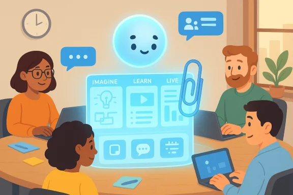 A diverse team around a table interacts with a glowing AI interface labeled Imagine, Learn, Live. A diverse team around a table interacts with a glowing AI interface labeled Imagine, Learn, Live.