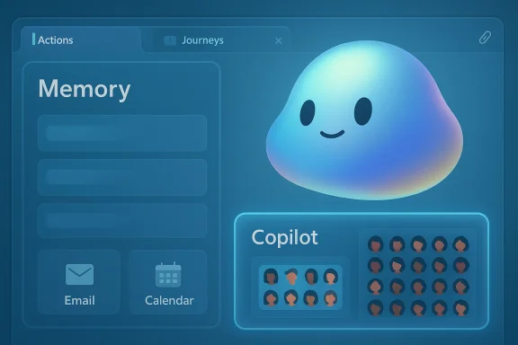 A blue UI dashboard featuring a gradient blob mascot, Memory panel and Copilot avatar grid. A blue UI dashboard featuring a gradient blob mascot, Memory panel and Copilot avatar grid.