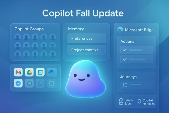 Copilot Fall Update: a glowing blue helper amid panels for Groups, Memory, and Actions. Copilot Fall Update: a glowing blue helper amid panels for Groups, Memory, and Actions.