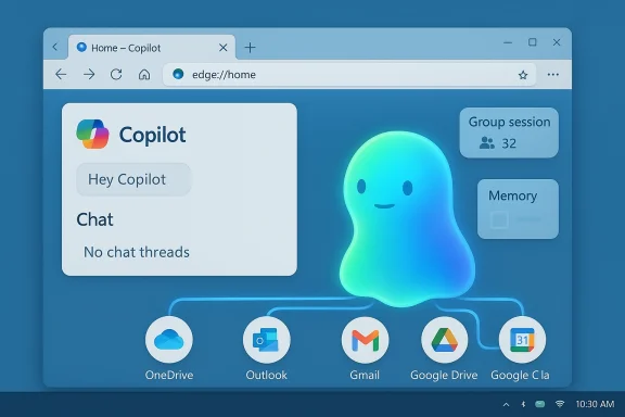 Illustration of Copilot AI in a blue browser UI with a friendly glowing ghost and app icons. Illustration of Copilot AI in a blue browser UI with a friendly glowing ghost and app icons.