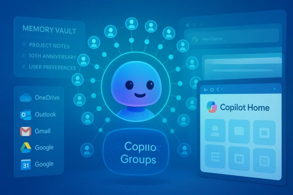 Blue AI avatar at center, connected to a hub of user icons, with Copilo Groups and Copilot Home panels. Blue AI avatar at center, connected to a hub of user icons, with Copilo Groups and Copilot Home panels.