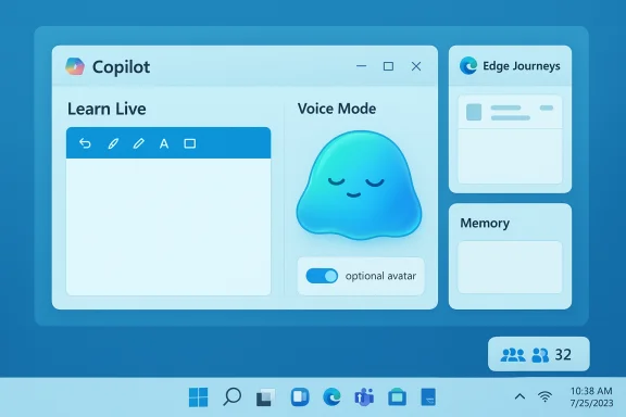 Blue UI dashboard showing Copilot features like Learn Live, Voice Mode, and Edge Journeys. Blue UI dashboard showing Copilot features like Learn Live, Voice Mode, and Edge Journeys.