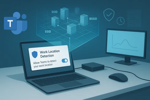Laptop displays Work Location Detection with a Teams toggle, set against a holographic network map. Laptop displays Work Location Detection with a Teams toggle, set against a holographic network map.