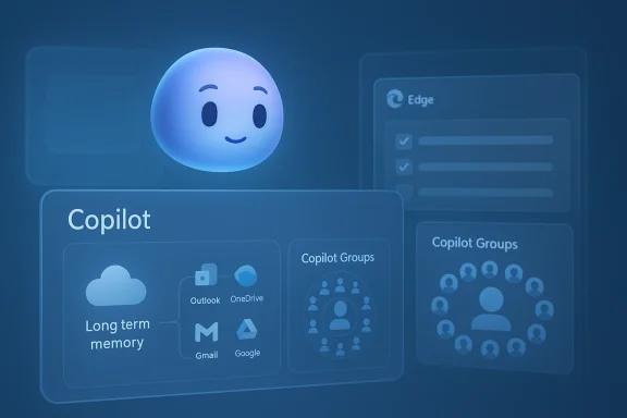 A friendly blue avatar floats above futuristic Copilot UI panels and group diagrams. A friendly blue avatar floats above futuristic Copilot UI panels and group diagrams.