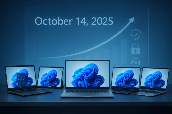 Row of laptops with blue screens on a table, under a projected chart showing October 14, 2025. Row of laptops with blue screens on a table, under a projected chart showing October 14, 2025.