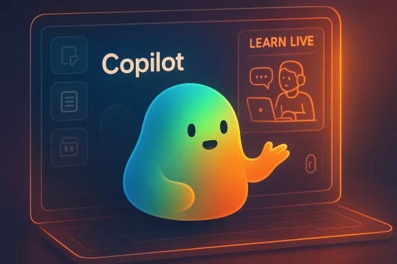 A colorful, friendly ghost-like Copilot avatar sits on a glowing laptop screen. A colorful, friendly ghost-like Copilot avatar sits on a glowing laptop screen.