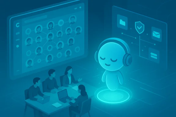 Blue AI assistant with headphones hovers at a holographic podium as a team collaborates around a conference table.