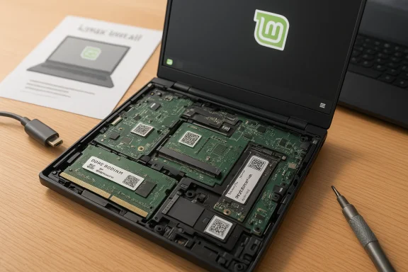 Open laptop with exposed motherboard and RAM modules, Linux Mint logo on the screen. Open laptop with exposed motherboard and RAM modules, Linux Mint logo on the screen.