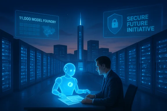 A human and a glowing blue AI robot discuss documents amid server racks in a futuristic data center.