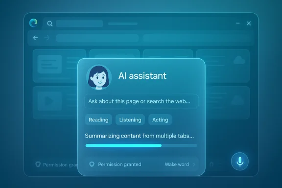 A blue AI assistant card in a browser window, summarizing content from multiple tabs. A blue AI assistant card in a browser window, summarizing content from multiple tabs.