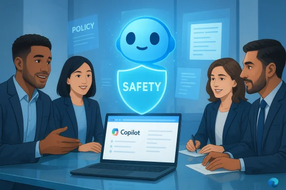 Four professionals discuss safety as a glowing AI assistant hovers above a laptop. Four professionals discuss safety as a glowing AI assistant hovers above a laptop.