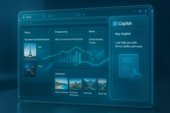 A futuristic holographic dashboard with travel, productivity, news tiles and Copilot chat. A futuristic holographic dashboard with travel, productivity, news tiles and Copilot chat.