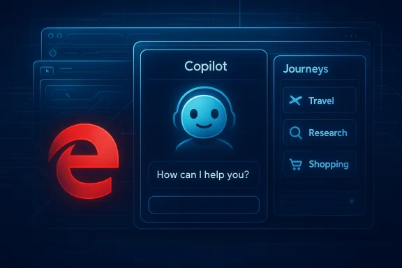 A futuristic blue dashboard showing Copilot chat with a Journeys panel.