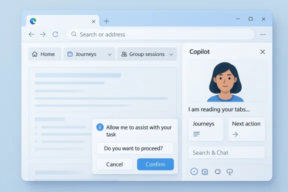A pale blue browser interface with a Copilot panel and a task confirmation dialog.