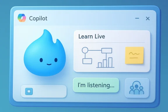 Copilot UI showing a cute blue water-drop mascot and a Learn Live panel. Copilot UI showing a cute blue water-drop mascot and a Learn Live panel.