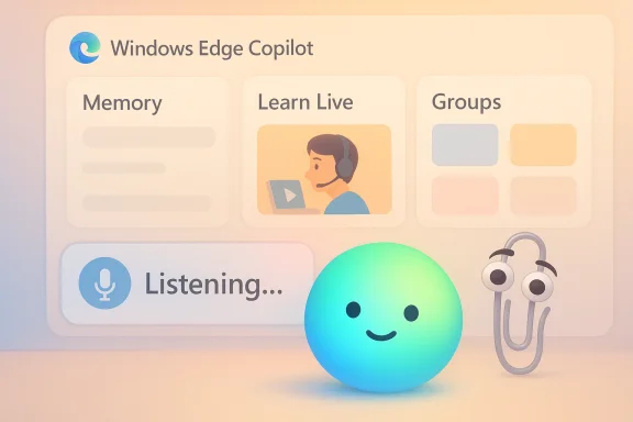 Windows Edge Copilot UI showing Memory, Learn Live, Groups, with a gradient smiley ball and a paperclip mascot. Windows Edge Copilot UI showing Memory, Learn Live, Groups, with a gradient smiley ball and a paperclip mascot.