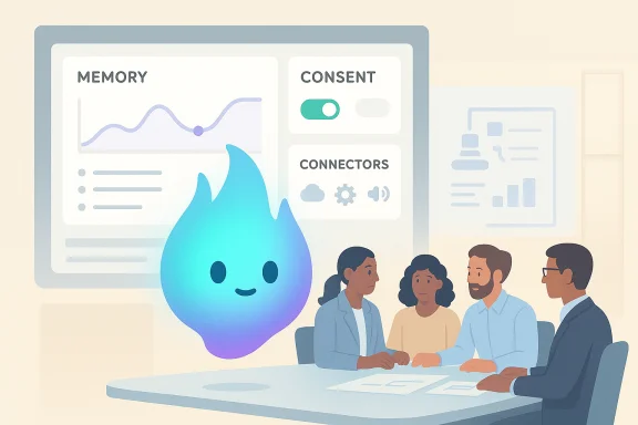 A team discusses data dashboards for memory, consent, and connectors with a friendly flame mascot. A team discusses data dashboards for memory, consent, and connectors with a friendly flame mascot.