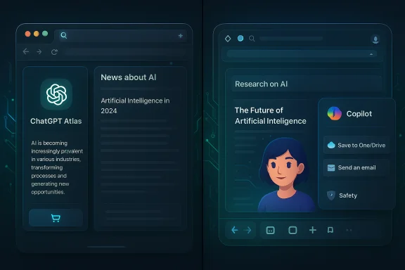 Split-screen futuristic UI showing AI news panel on the left and AI research panel with avatar on the right. Split-screen futuristic UI showing AI news panel on the left and AI research panel with avatar on the right.