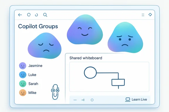 A UI dashboard titled Copilot Groups features gradient avatar blobs, a member list, and a shared whiteboard. A UI dashboard titled Copilot Groups features gradient avatar blobs, a member list, and a shared whiteboard.