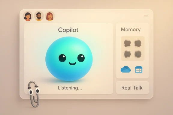 Copilot UI featuring a blue smiling orb “Listening…” with Memory and Real Talk panels. Copilot UI featuring a blue smiling orb “Listening…” with Memory and Real Talk panels.