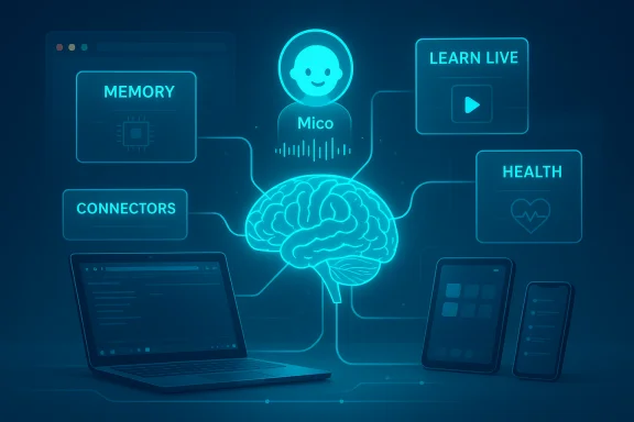 A glowing brain connects to memory, health, and learning modules via devices. A glowing brain connects to memory, health, and learning modules via devices.