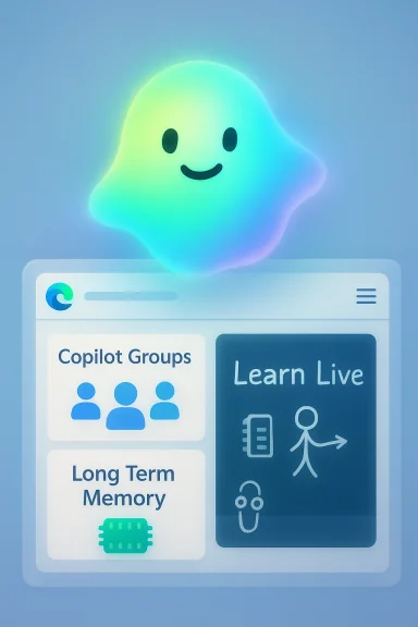 A friendly glowing AI avatar hovers over a futuristic dashboard with Copilot Groups and Learn Live. A friendly glowing AI avatar hovers over a futuristic dashboard with Copilot Groups and Learn Live.