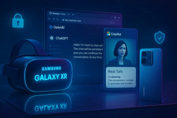 Futuristic tech scene with a glowing Samsung Galaxy XR VR headset, AI chat UI, and a Realme phone.
