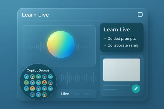 Blue Learn Live dashboard with a gradient orb, avatars, and a right-side prompts panel. Blue Learn Live dashboard with a gradient orb, avatars, and a right-side prompts panel.