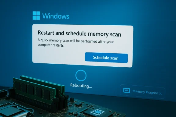 Windows restart screen prompts scheduling a memory scan; RAM module visible in the foreground. Windows restart screen prompts scheduling a memory scan; RAM module visible in the foreground.