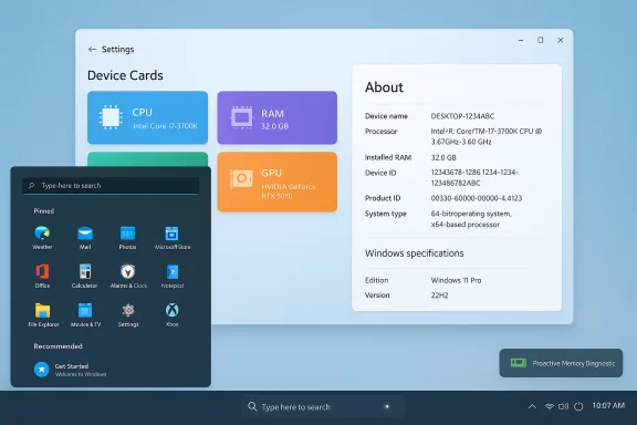 Windows 11–style desktop showing device cards, an About pane, and a dark Start menu. Windows 11–style desktop showing device cards, an About pane, and a dark Start menu.