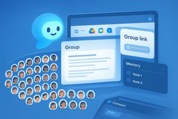 Blue illustration of group avatars and a data dashboard with notes, memory, consent, and group links.
