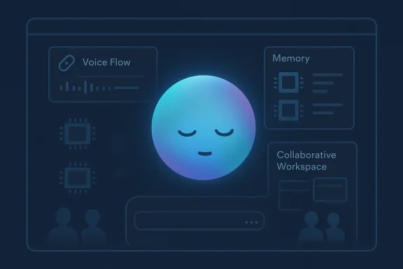 A glowing blue orb with a calm face sits at the center of a futuristic dashboard UI. A glowing blue orb with a calm face sits at the center of a futuristic dashboard UI.