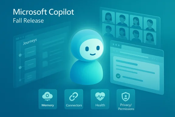 Microsoft Copilot Fall Release featuring a friendly blue bot amid dashboards and icons.