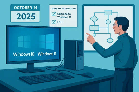 IT professional reviews a Windows 10/11 upgrade plan with a migration checklist and flowchart. IT professional reviews a Windows 10/11 upgrade plan with a migration checklist and flowchart.