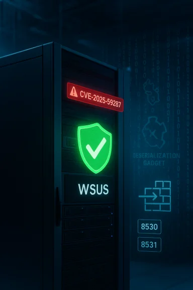 Server rack showing a green shield with a checkmark and WSUS label, with CVE-2025-59287 warning. Server rack showing a green shield with a checkmark and WSUS label, with CVE-2025-59287 warning.