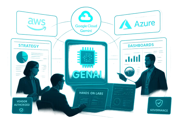 Corporate team collaborates around a GENAI hub featuring AWS, Google Cloud Gemini, and Azure. Corporate team collaborates around a GENAI hub featuring AWS, Google Cloud Gemini, and Azure.