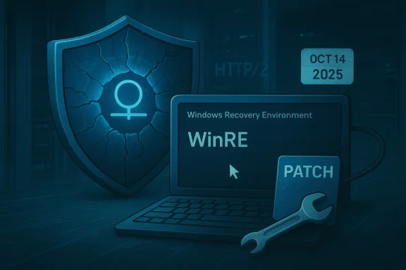 Windows Recovery Environment (WinRE) setup with a cracked shield, patch card, and wrench beside a laptop. Windows Recovery Environment (WinRE) setup with a cracked shield, patch card, and wrench beside a laptop.