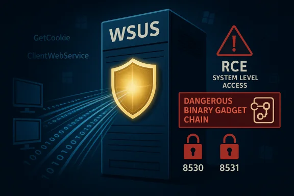 Illustration of a WSUS server with shields, warning signs, and a dangerous gadget chain. Illustration of a WSUS server with shields, warning signs, and a dangerous gadget chain.